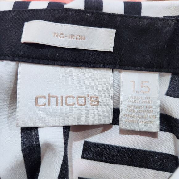 Chicos Womens Black White Non Iron Striped Button Up Blouse Size 1.5 Medium - Picture 4 of 10